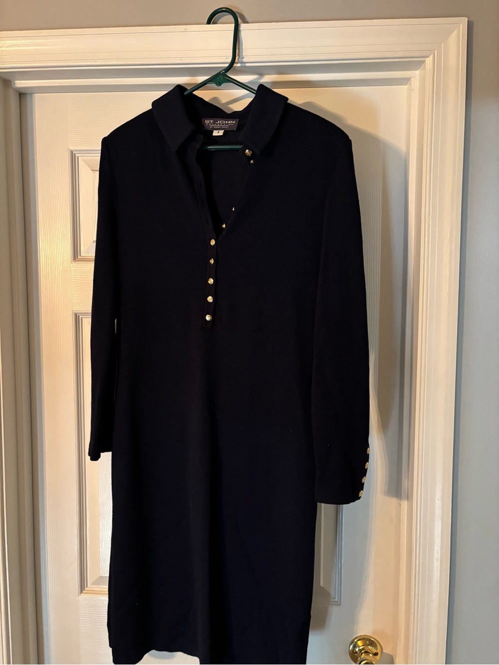 St. John Collection Navy Long-Sleeve Knit Polo Dress with Gold Buttons